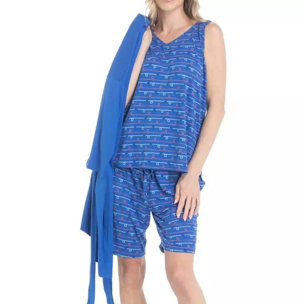 Muk Luks Royal Blue Women's 3 Piece Sleepwear Set, Robe, Shorts & Tank